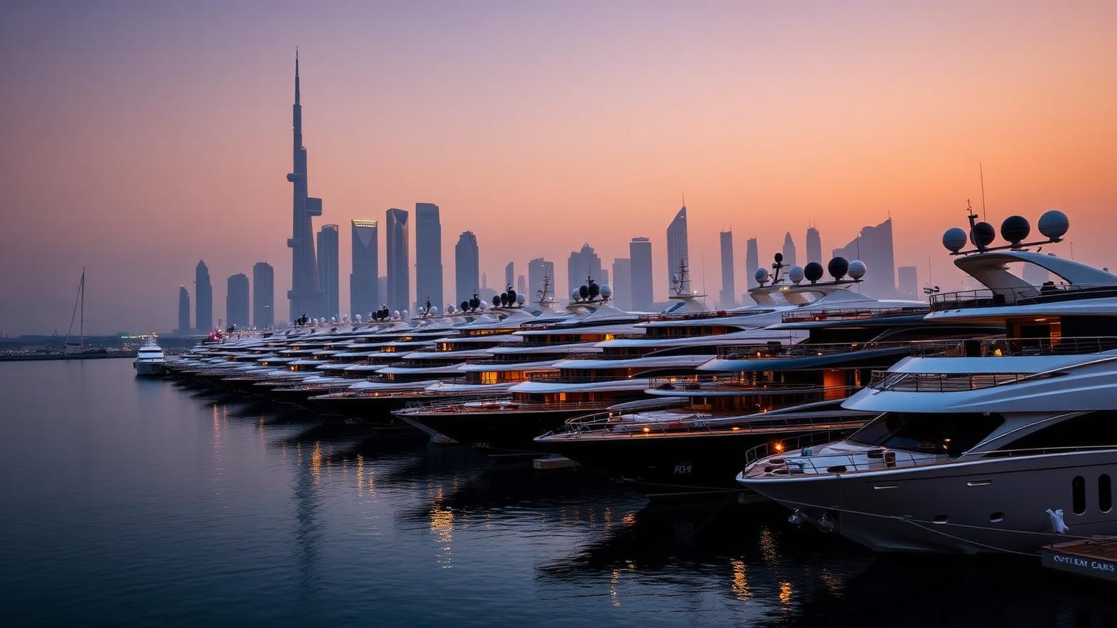 Luxusyachten an der Dubai Marina im Abendlicht