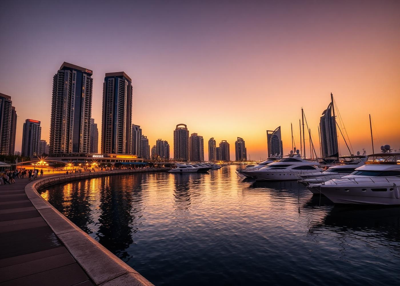 Dubai Marina Promenade mit Yachten und Hochhäusern in der Abenddämmerung