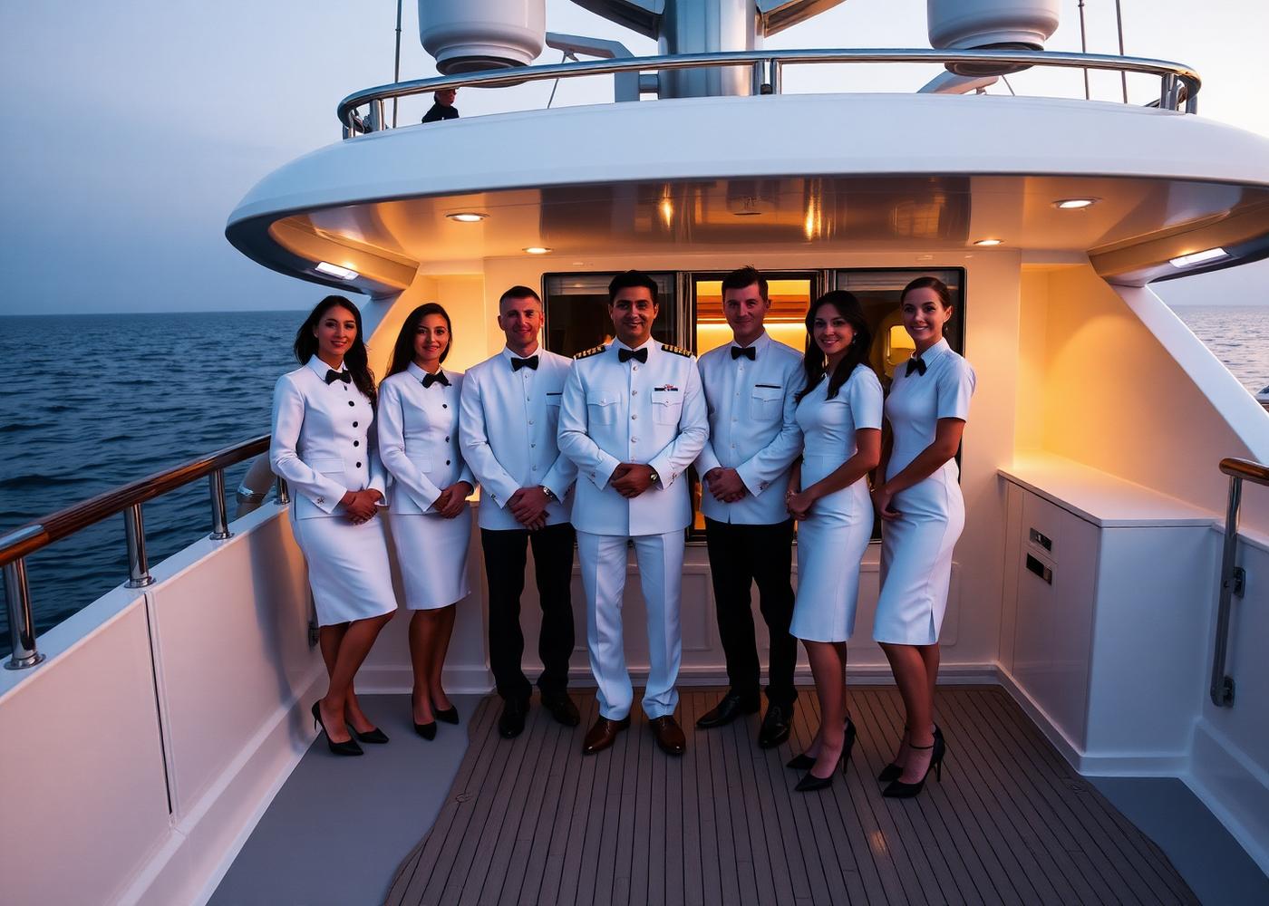 Professionelle Yacht-Crew in weißer Uniform an Bord einer Luxusyacht