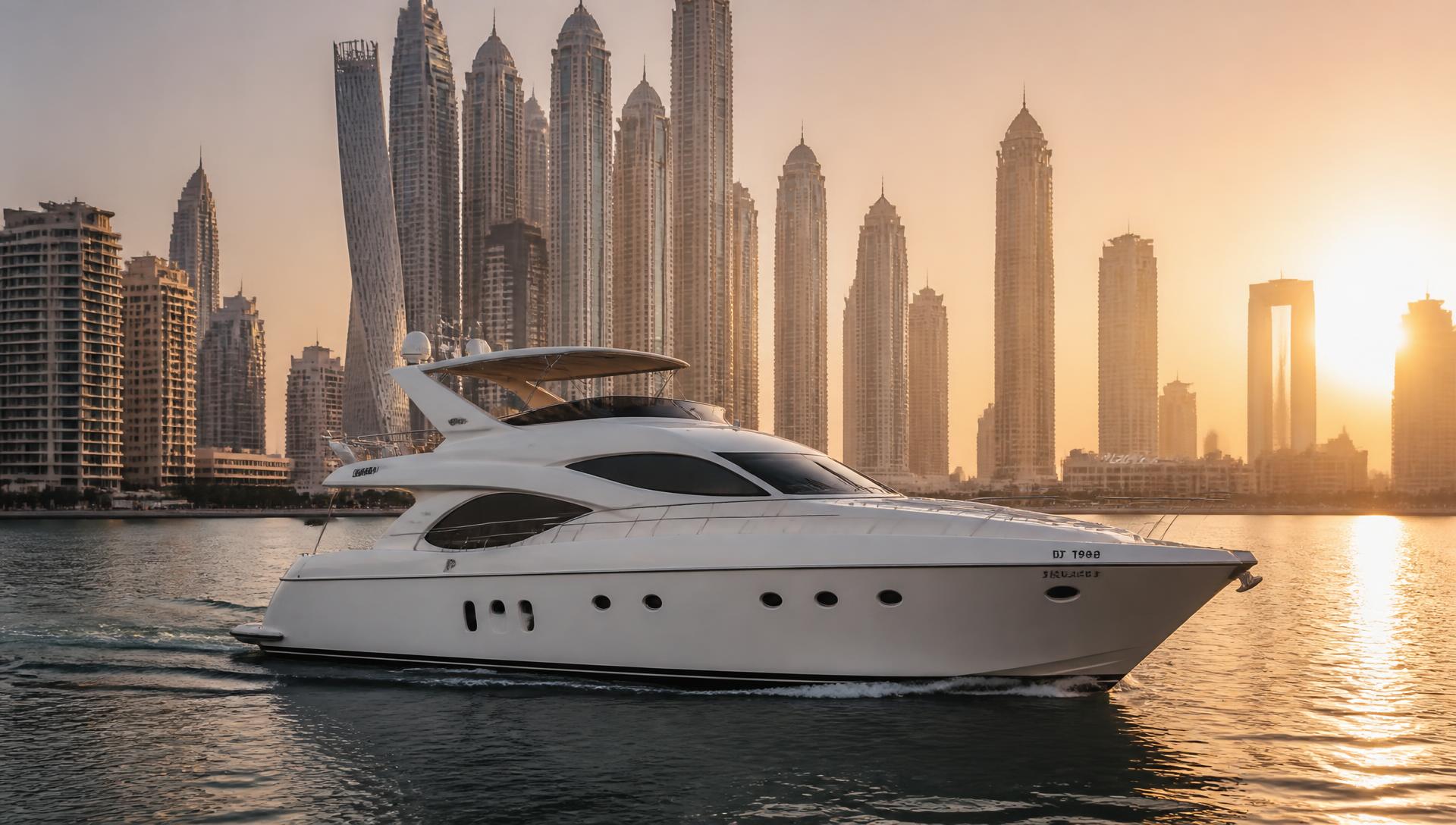 Motoryacht vor der Skyline von Dubai Marina