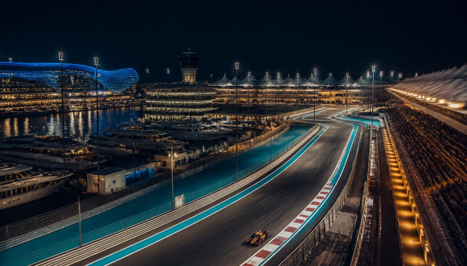 Hospitality Bereich am Yas Marina Circuit in Abu Dhabi mit Yachten in der Marina