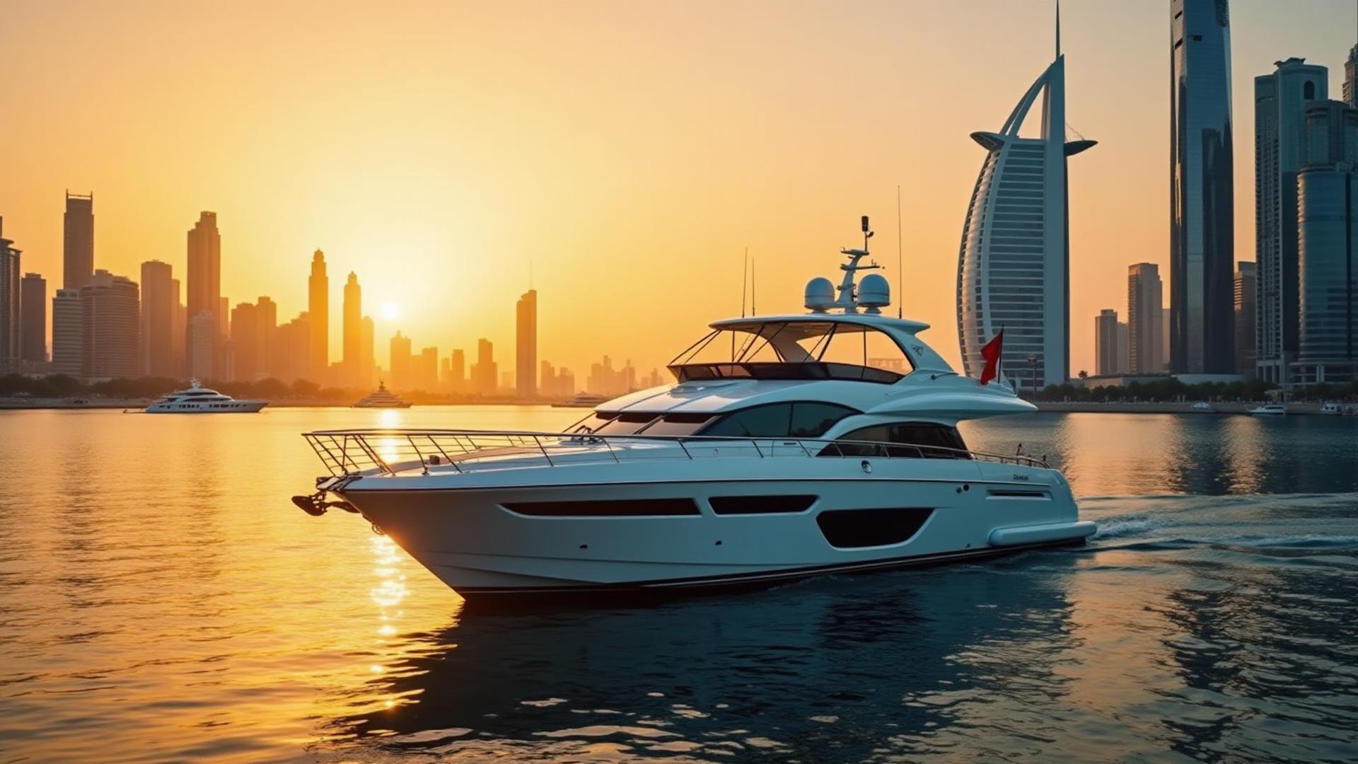 Yacht am Liegeplatz in Dubai Marina bei Ankunft der Gäste