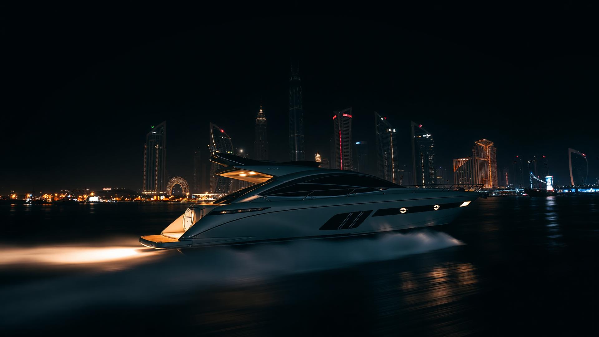 Sportyacht bei Nacht vor der beleuchteten Skyline von Dubai