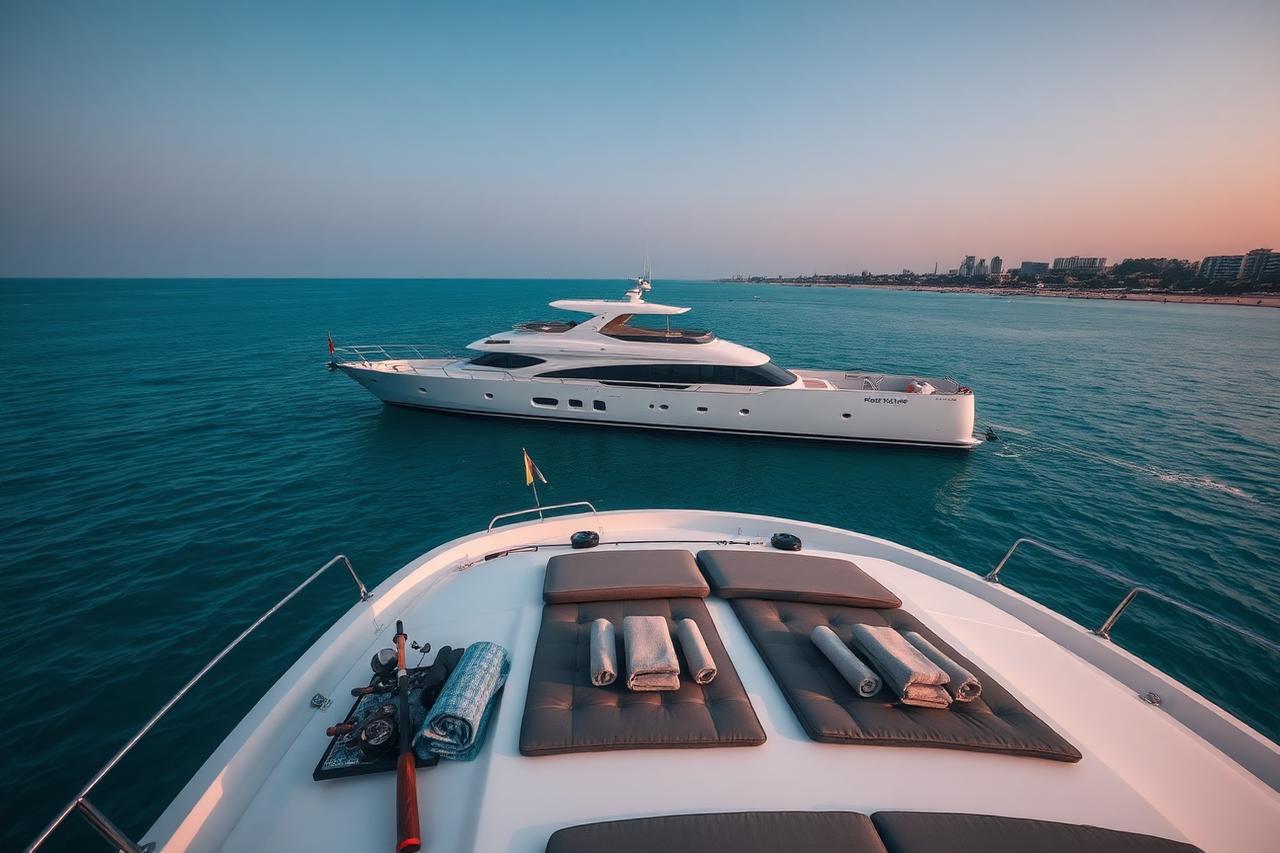 Paar auf einer privaten Yacht bei Sonnenuntergang in Dubai