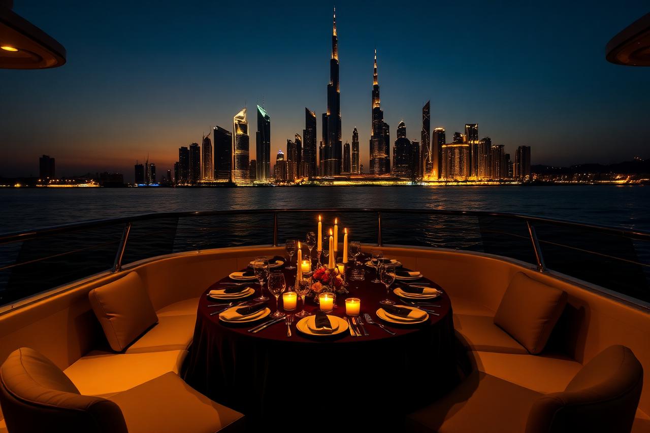 Kellner serviert am eingedeckten Tisch an Bord einer Yacht in Dubai